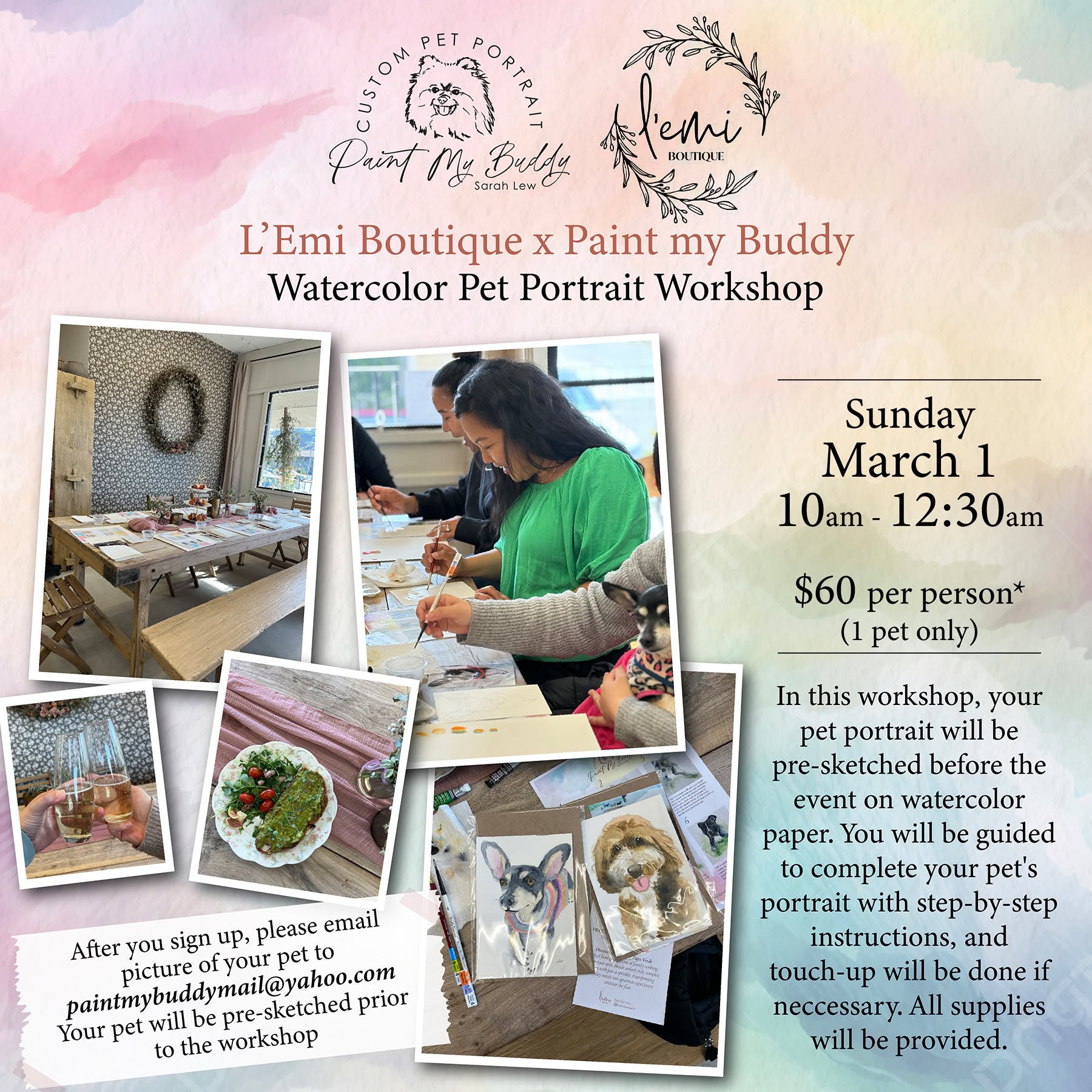 Watercolor Pet Portrait Workshop - Sun 3/1 @ 10:00am-12:30pm