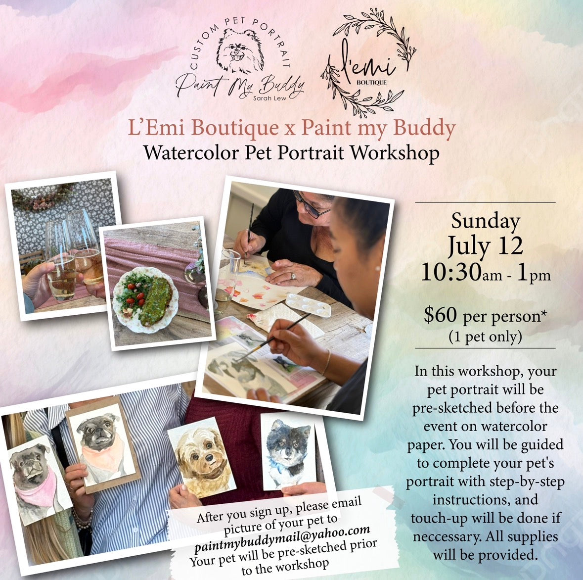 Watercolor Pet Portrait Workshop - Sun 7/12 @ 10:30am-1pm